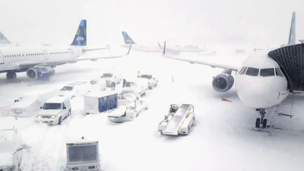 Nieve intensa provoca retrasos y cancelaciones en aeropuertos de Nueva York durante una tormenta invernal que afecta vuelos y operaciones aéreas.