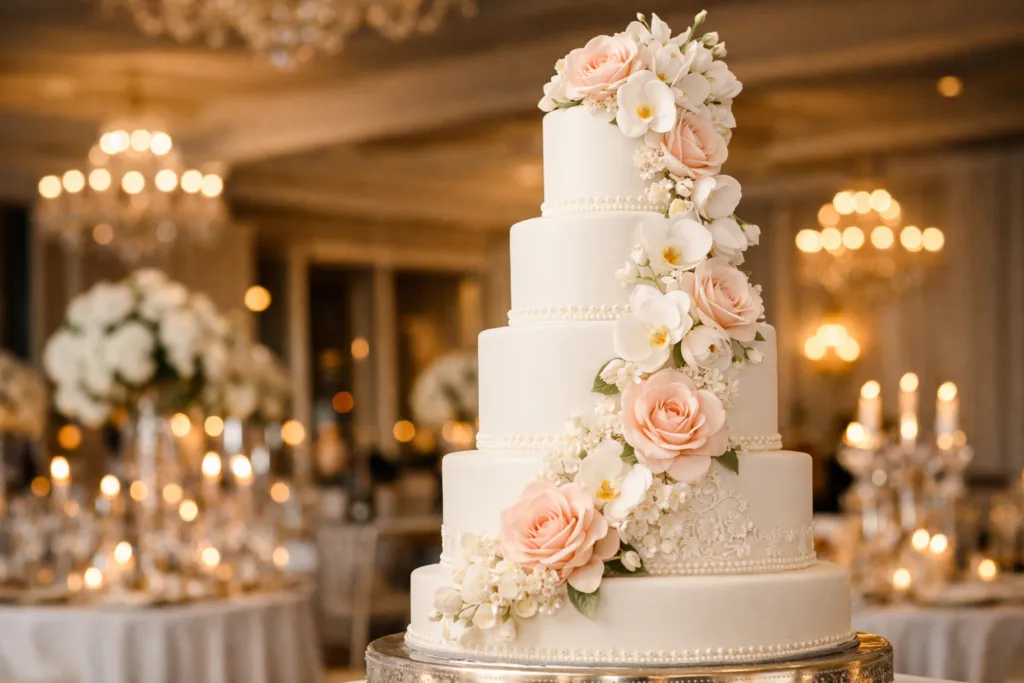 Pastel de boda en Nueva York de varios niveles con flores de azúcar y diseño elegante en salón de Manhattan.