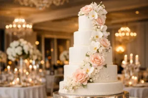 Pastel de boda en Nueva York de varios niveles con flores de azúcar y diseño elegante en salón de Manhattan.