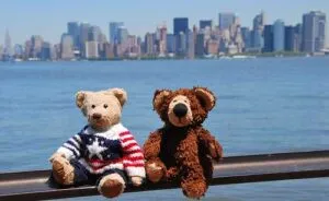 Colección de osos de peluche en tienda de Nueva York que refleja la historia cultural del teddy bear en Estados Unidos.