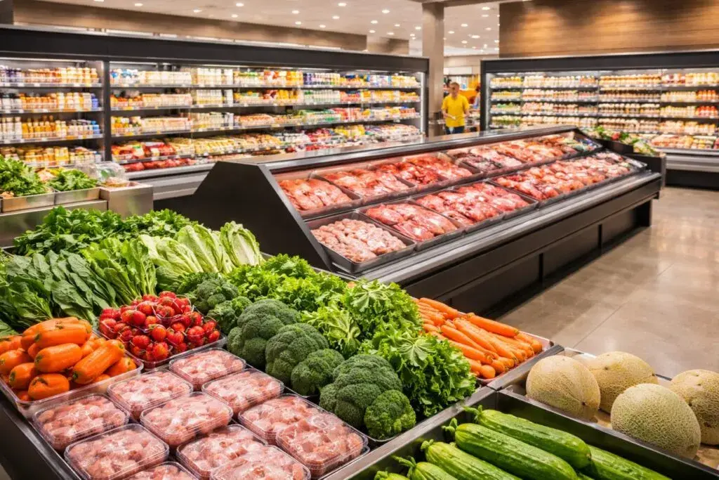 Alimentos de riesgo en EE.UU. exhibidos en supermercado tras alertas sanitarias recientes de 2026