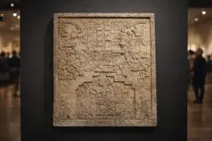 Dintel maya recuperado expuesto en Nueva York destacando valor cultural e histórico de México
