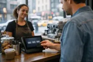 Cliente frente a terminal de pago con propinas digitales en comercio de Nueva York