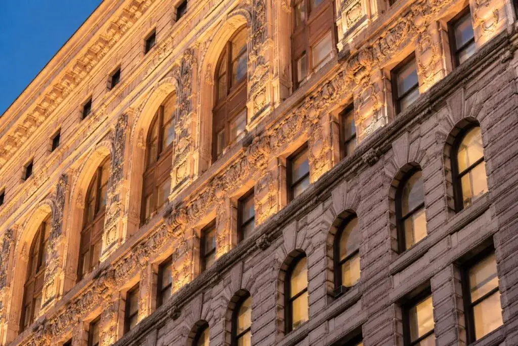 Flatiron Building con iluminación arquitectónica en Nueva York tras su restauración histórica