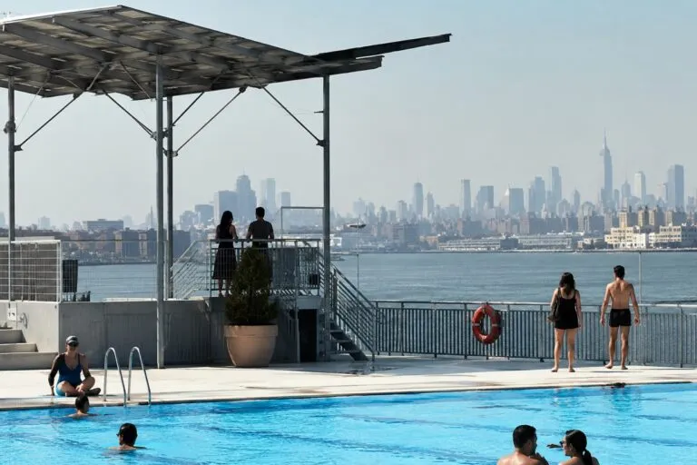 Piscina flotante gratuita de Nueva York con capacidad para 1200 visitantes y vista panorámica del skyline urbano