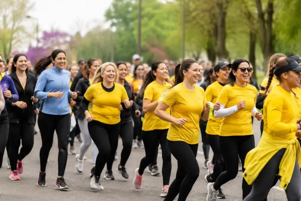 Participantes de la Carrera 5K Ser Feliz durante un evento deportivo comunitario en Nueva York que promueve salud y bienestar.