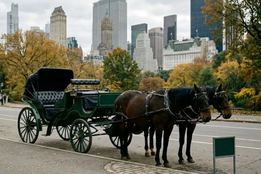 Carruajes de caballos recorren Central Park antes de la prohibición aprobada por la ciudad de Nueva York.