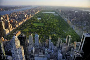 una composición editorial panorámica con las fachadas elegantes del Upper East Side a un lado y las calles residenciales del Upper West Side al otro, con Central Park como punto de unión.